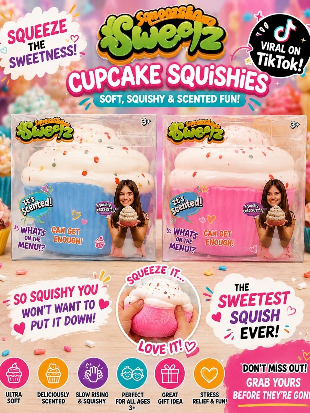 Squeezee Sweetz Scented Cupcake Squishy - (Set Of 2) - Pink & Blue 🩷🩵